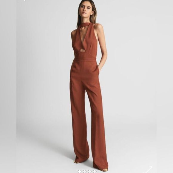 Reiss Pants - Reiss Alma Cut-Out Halter Jumpsuit in Rust- Size 2